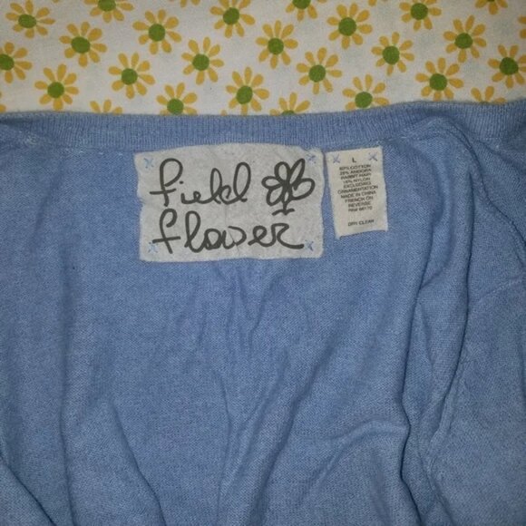 Anthropologie Field Flower Blue Cotton and Angora Floral Daisy Cardigan Large - Picture 6 of 6